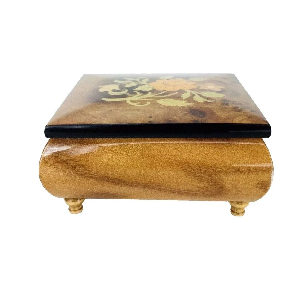 Vintage Wood Inlay Jewelry Box Ercolano Musical Movement Fascination Italy